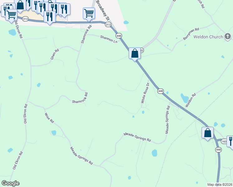 map of restaurants, bars, coffee shops, grocery stores, and more near Rambling Ridge Road in Brandenburg