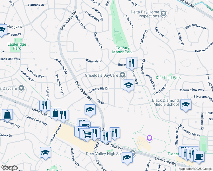 map of restaurants, bars, coffee shops, grocery stores, and more near 2630 Whitetail Court in Antioch