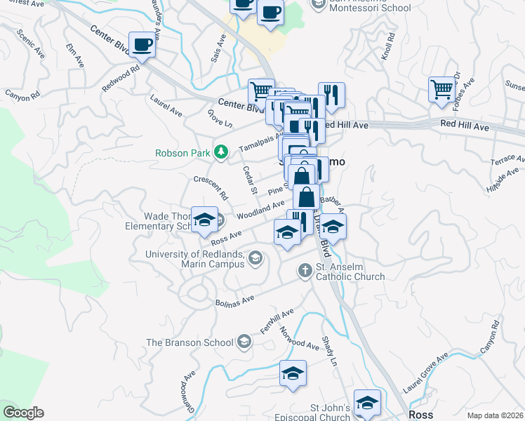 map of restaurants, bars, coffee shops, grocery stores, and more near Cedar St & Woodland Ave in San Anselmo