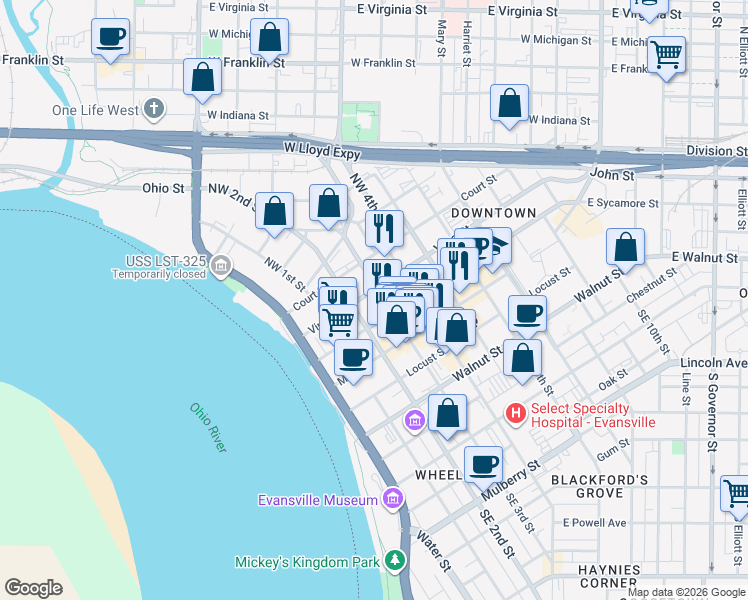 map of restaurants, bars, coffee shops, grocery stores, and more near in Evansville