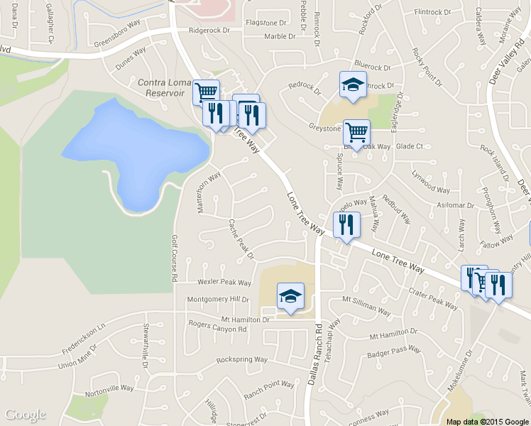 map of restaurants, bars, coffee shops, grocery stores, and more near 4736 Crestone Needle Way in Antioch