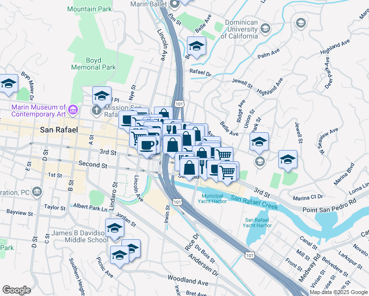 map of restaurants, bars, coffee shops, grocery stores, and more near 1012 Irwin Street in San Rafael