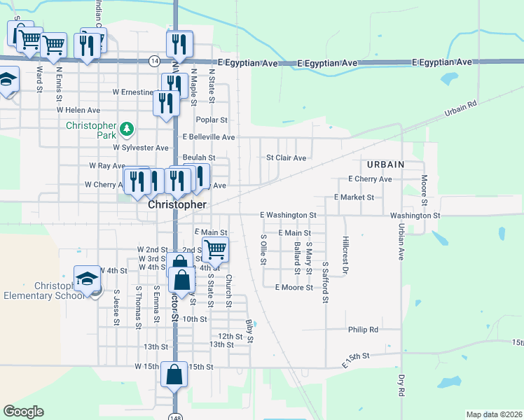 map of restaurants, bars, coffee shops, grocery stores, and more near 501 East Washington Street in Christopher