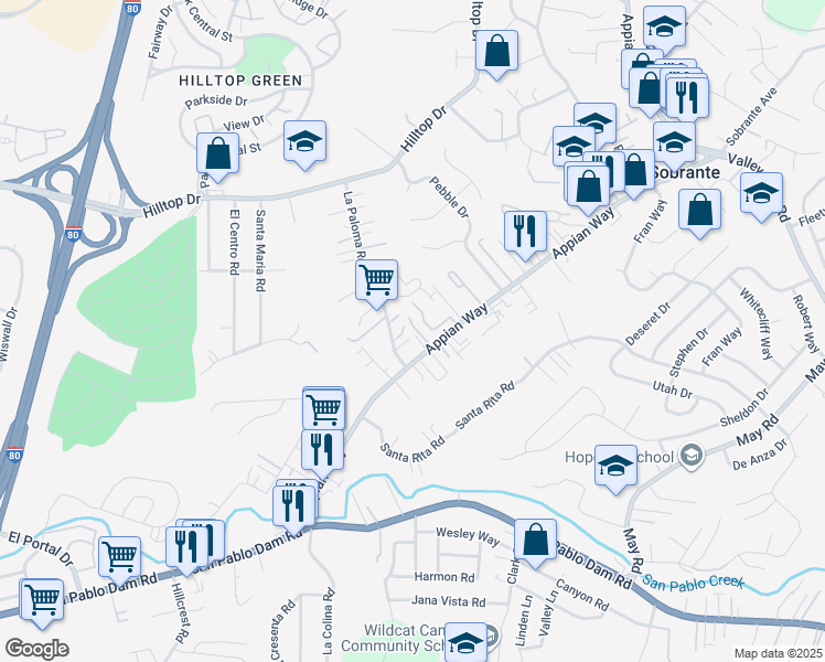 map of restaurants, bars, coffee shops, grocery stores, and more near 4535 Appian Way in El Sobrante