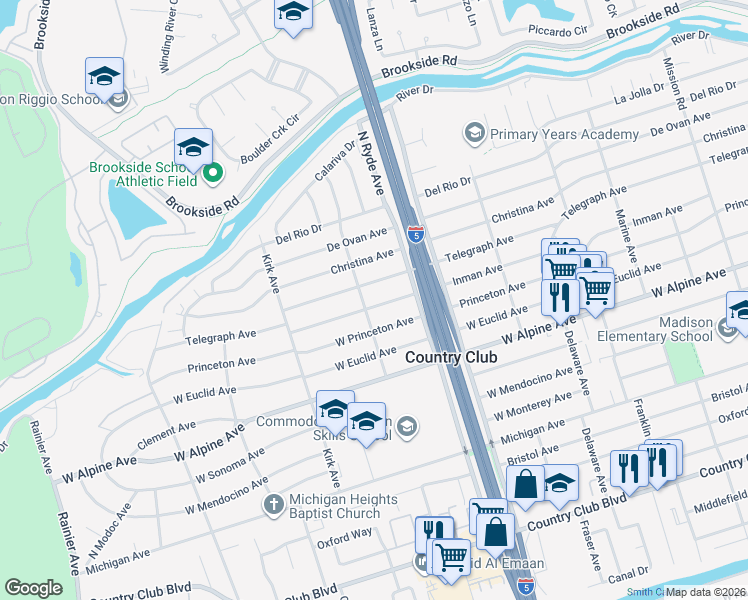 map of restaurants, bars, coffee shops, grocery stores, and more near 2746 Telegraph Avenue in Stockton