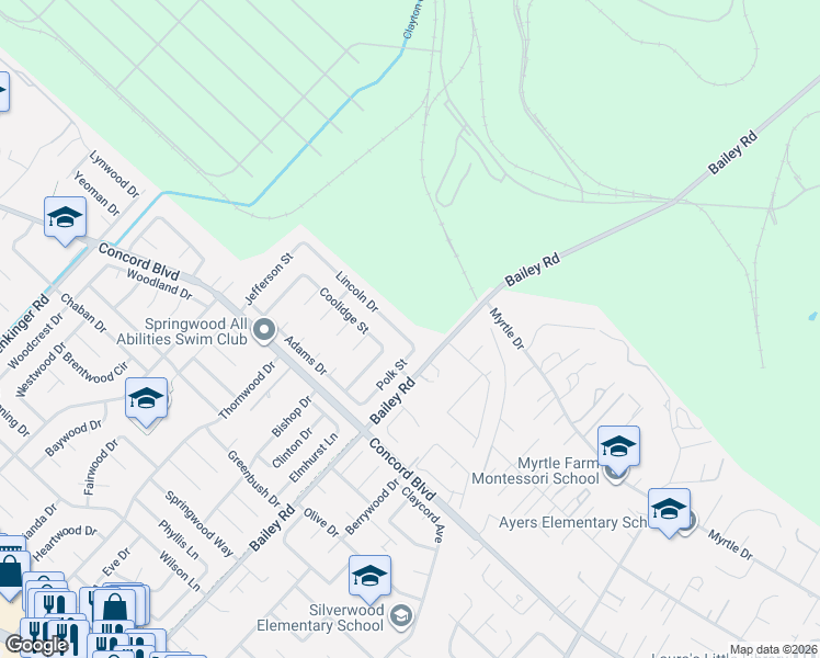 map of restaurants, bars, coffee shops, grocery stores, and more near 4645 Lincoln Drive in Concord