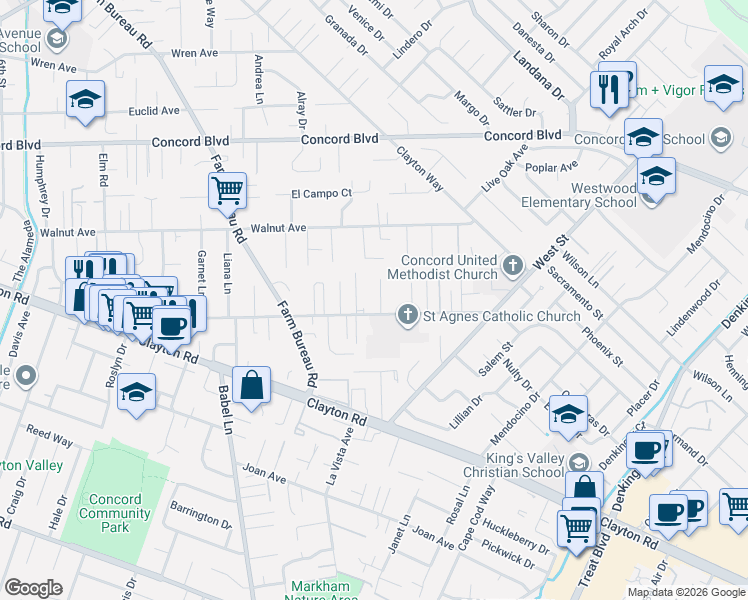 map of restaurants, bars, coffee shops, grocery stores, and more near 1615 Franrose Lane in Concord