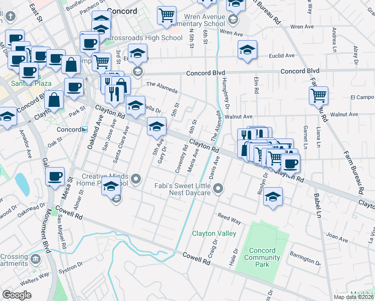 map of restaurants, bars, coffee shops, grocery stores, and more near 1473 Coventry Road in Concord