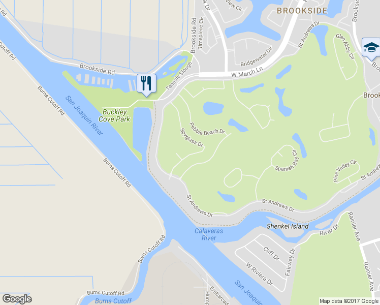 map of restaurants, bars, coffee shops, grocery stores, and more near 4235 Spyglass Drive in Stockton