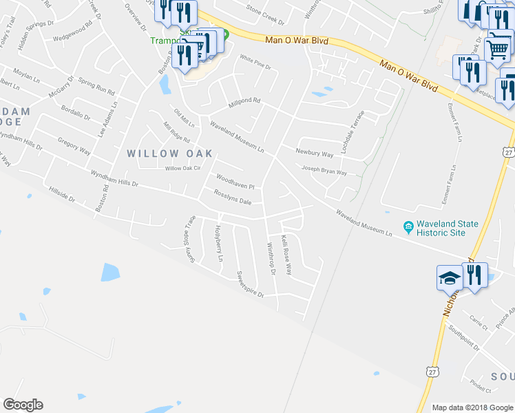 map of restaurants, bars, coffee shops, grocery stores, and more near 3825 Winthrop Drive in Lexington