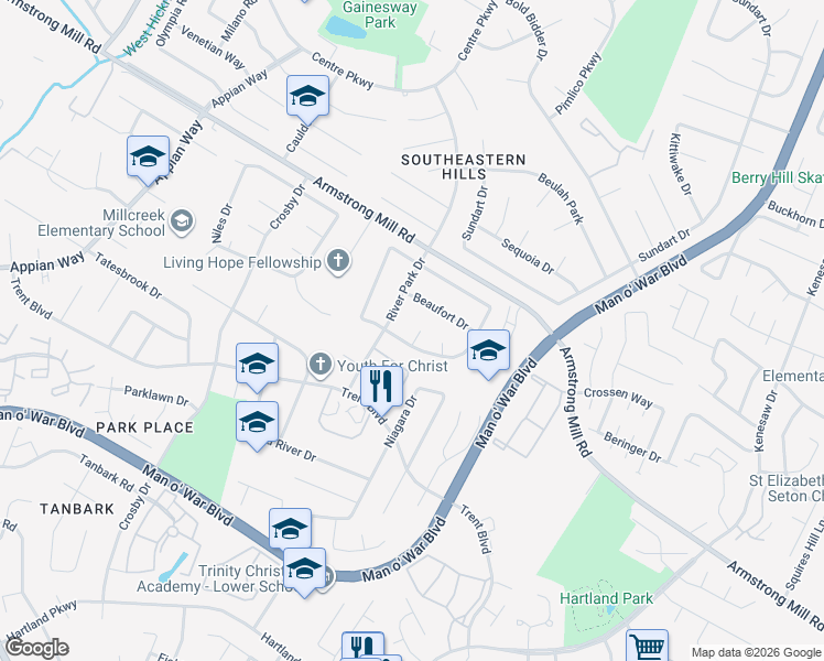 map of restaurants, bars, coffee shops, grocery stores, and more near 1544 Bal Harbor Court in Lexington
