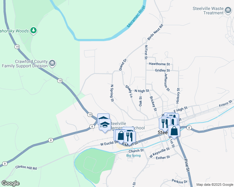 map of restaurants, bars, coffee shops, grocery stores, and more near 311 North Spring Street in Steelville