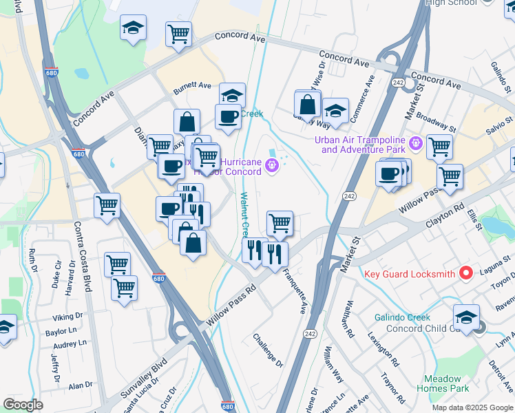 map of restaurants, bars, coffee shops, grocery stores, and more near 1869 Waterworld Parkway in Concord