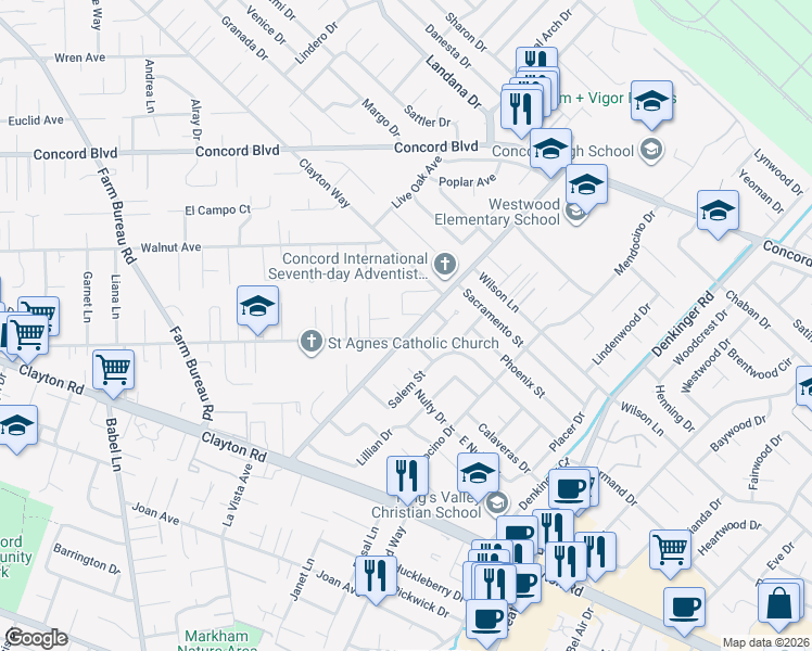 map of restaurants, bars, coffee shops, grocery stores, and more near 1619 West Street in Concord