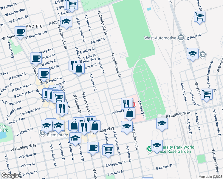 map of restaurants, bars, coffee shops, grocery stores, and more near 410 East Wyandotte Street in Stockton