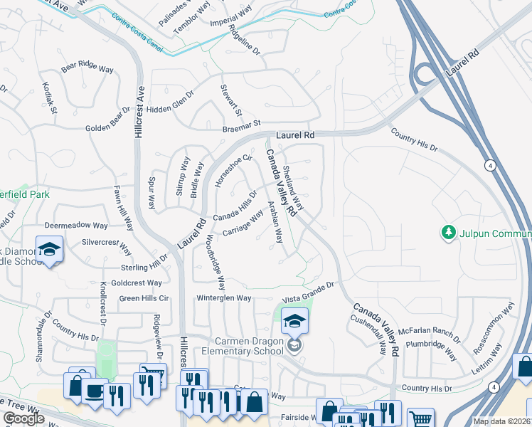 map of restaurants, bars, coffee shops, grocery stores, and more near 5158 Carriage Way in Antioch