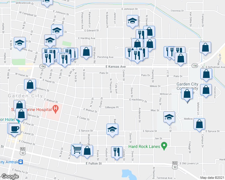 map of restaurants, bars, coffee shops, grocery stores, and more near 912 North Theron Place in Garden City