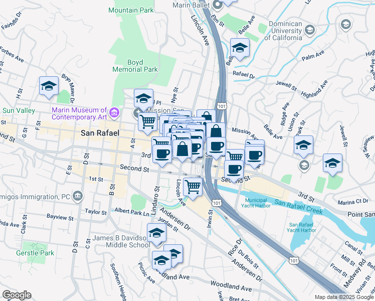 map of restaurants, bars, coffee shops, grocery stores, and more near 960 Lincoln Avenue in San Rafael