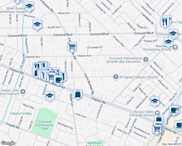 map of restaurants, bars, coffee shops, grocery stores, and more near 1604 Chestnut Court in Concord