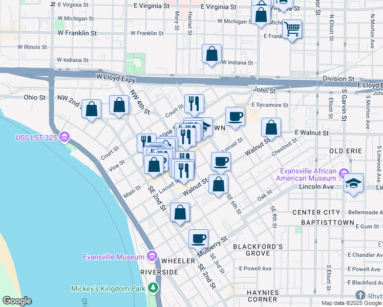 map of restaurants, bars, coffee shops, grocery stores, and more near 519 Main Street in Evansville