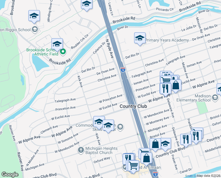 map of restaurants, bars, coffee shops, grocery stores, and more near 2746 Telegraph Avenue in Stockton