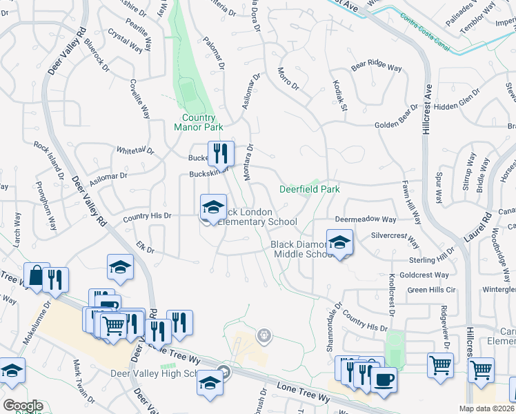 map of restaurants, bars, coffee shops, grocery stores, and more near 4601 Country Hills Drive in Antioch