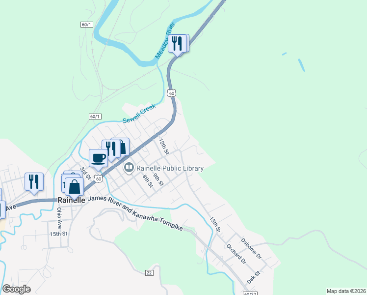 map of restaurants, bars, coffee shops, grocery stores, and more near 107 13th Street in Rainelle