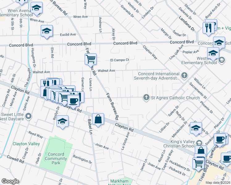 map of restaurants, bars, coffee shops, grocery stores, and more near 1604 Chestnut Court in Concord