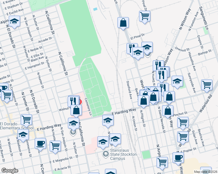 map of restaurants, bars, coffee shops, grocery stores, and more near 1770 North Palm Avenue in Stockton
