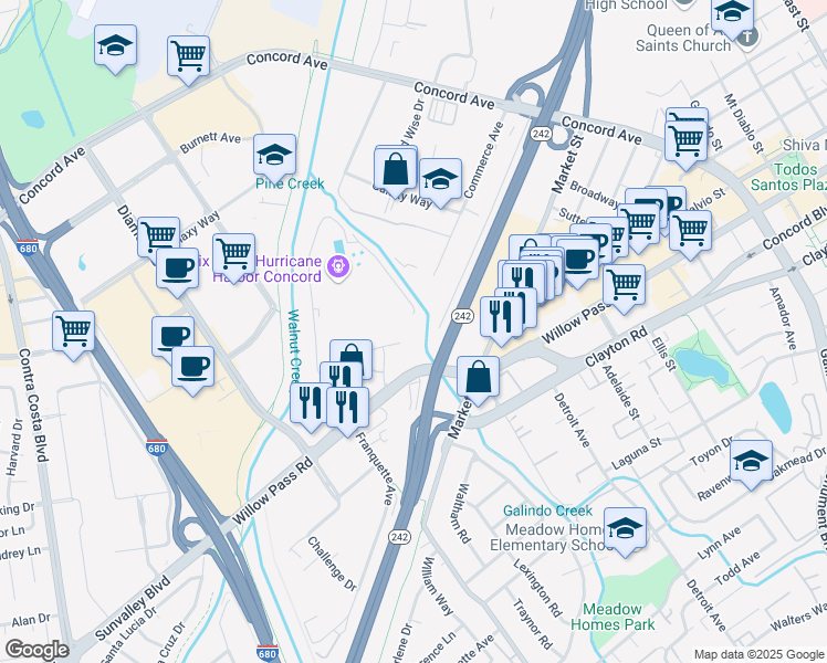 map of restaurants, bars, coffee shops, grocery stores, and more near 1485 Enea Cir in Concord