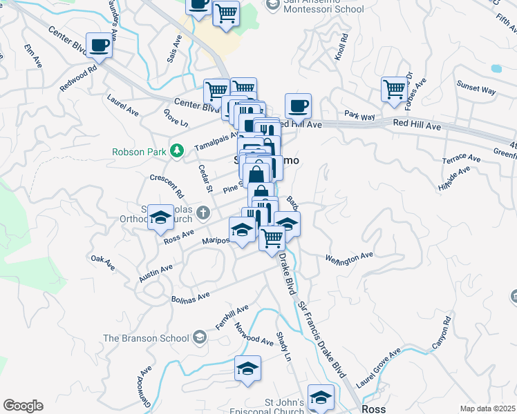 map of restaurants, bars, coffee shops, grocery stores, and more near 5 Ross Ave in San Anselmo