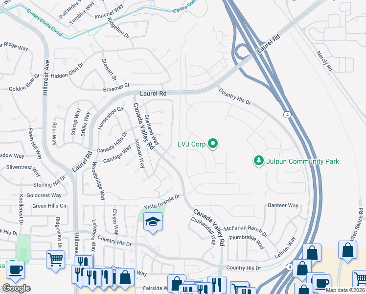 map of restaurants, bars, coffee shops, grocery stores, and more near 5389 Mountain Ridge Way in Antioch