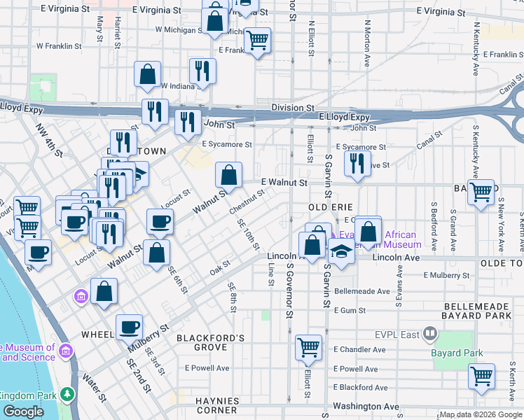map of restaurants, bars, coffee shops, grocery stores, and more near 1028 Cherry St in Evansville