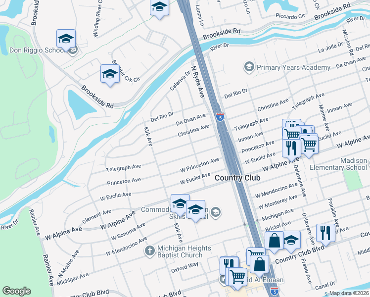 map of restaurants, bars, coffee shops, grocery stores, and more near 2828 Telegraph Avenue in Stockton