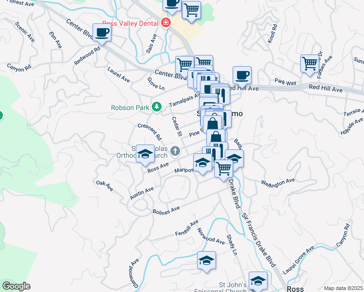 map of restaurants, bars, coffee shops, grocery stores, and more near 5 Cedar Street in San Anselmo