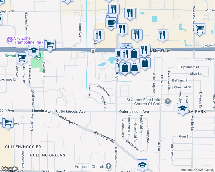 map of restaurants, bars, coffee shops, grocery stores, and more near 6300 East Chestnut Court in Evansville