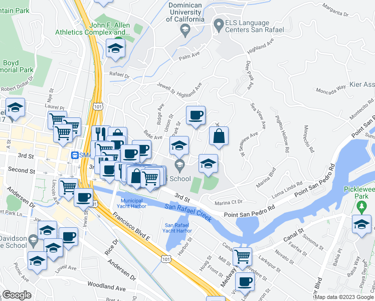 map of restaurants, bars, coffee shops, grocery stores, and more near Belle Avenue & Valencia Avenue in San Rafael