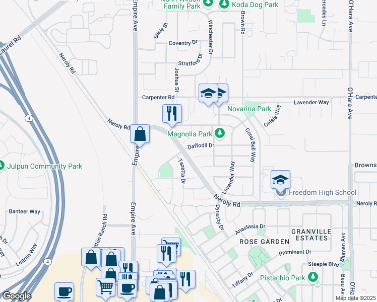 map of restaurants, bars, coffee shops, grocery stores, and more near 5870 Daffodil Drive in Oakley