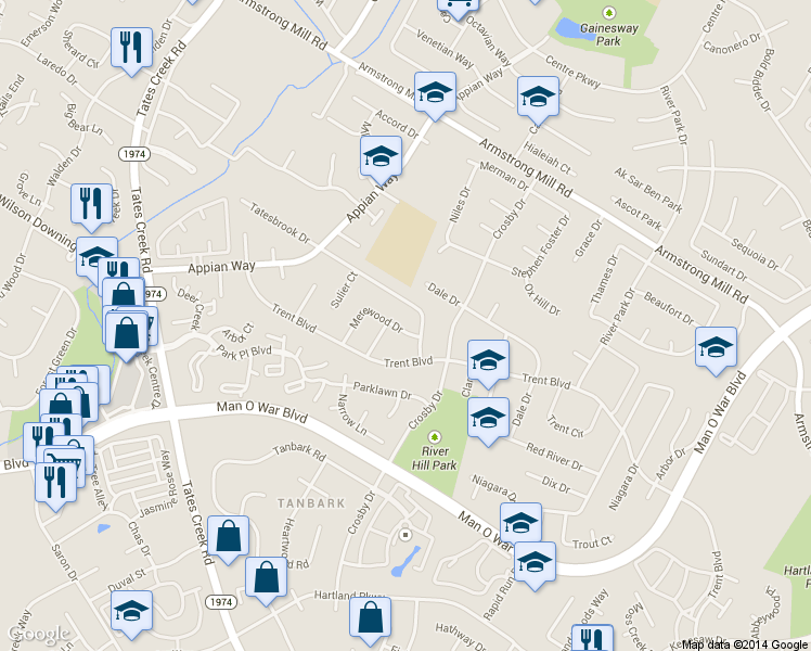 map of restaurants, bars, coffee shops, grocery stores, and more near 1191 Merewood Drive in Lexington