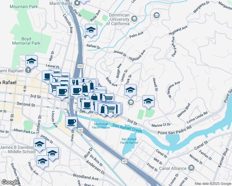 map of restaurants, bars, coffee shops, grocery stores, and more near 304 Mission Avenue in San Rafael