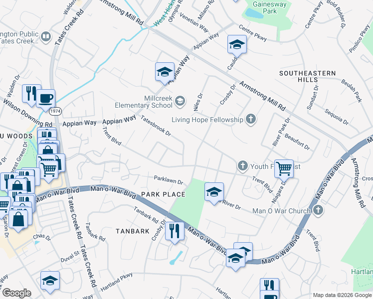 map of restaurants, bars, coffee shops, grocery stores, and more near 1191 Merewood Drive in Lexington