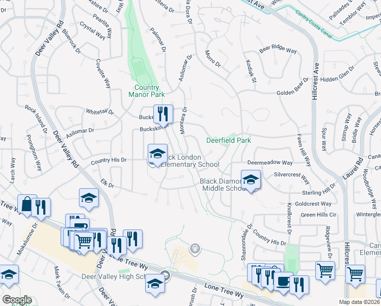 map of restaurants, bars, coffee shops, grocery stores, and more near 4601 Country Hills Drive in Antioch