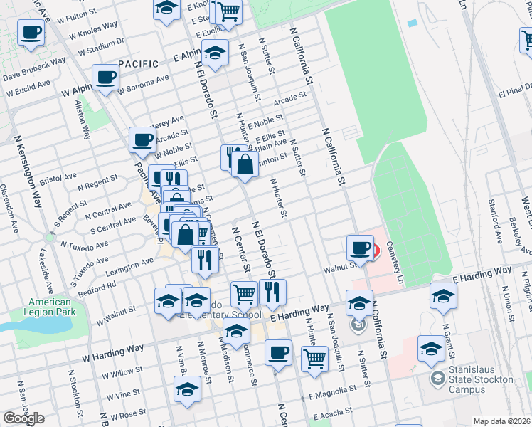 map of restaurants, bars, coffee shops, grocery stores, and more near 142 East Cleveland Street in Stockton