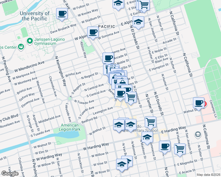 map of restaurants, bars, coffee shops, grocery stores, and more near 232 Central Court in Stockton