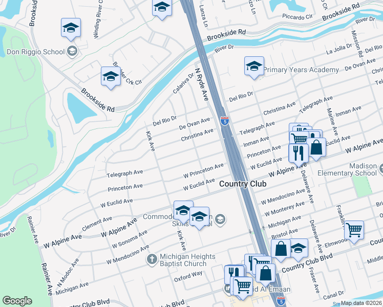 map of restaurants, bars, coffee shops, grocery stores, and more near 2828 Telegraph Avenue in Stockton