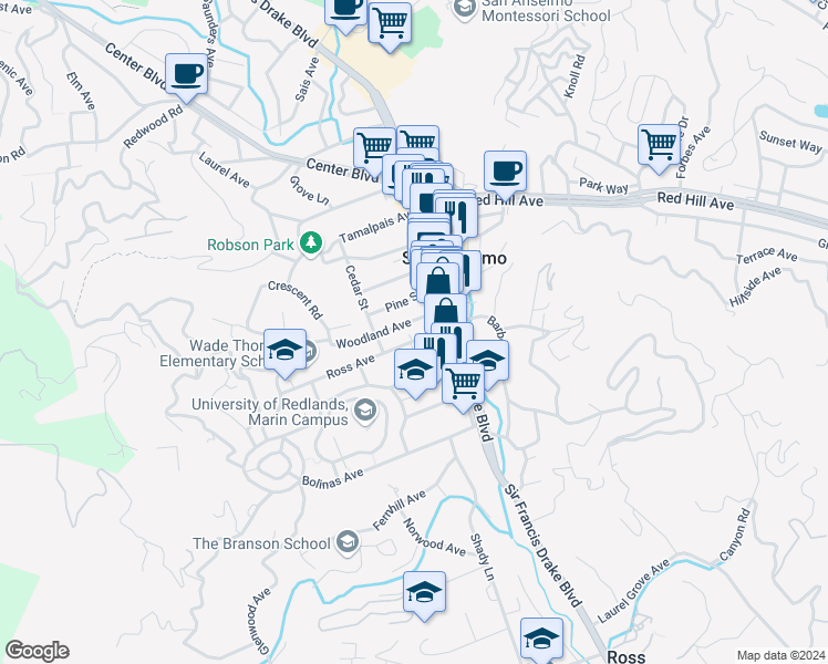 map of restaurants, bars, coffee shops, grocery stores, and more near 41 Woodland Avenue in San Anselmo