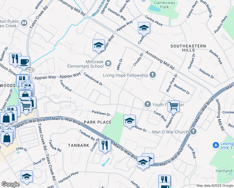 map of restaurants, bars, coffee shops, grocery stores, and more near 3693 Crosby Drive in Lexington