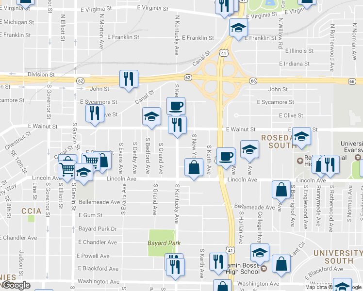map of restaurants, bars, coffee shops, grocery stores, and more near 424 South Kentucky Avenue in Evansville