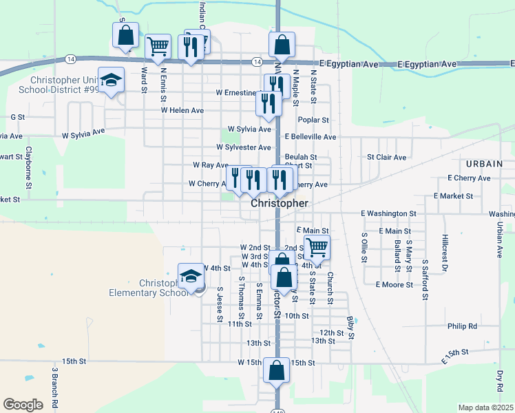 map of restaurants, bars, coffee shops, grocery stores, and more near 210 W Market St in Christopher