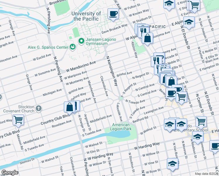 map of restaurants, bars, coffee shops, grocery stores, and more near 969 Oxford Way in Stockton